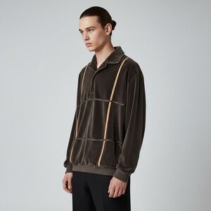 Vintage Spire 80s Brown Velour Pullover with Tan and Black Stripes Large